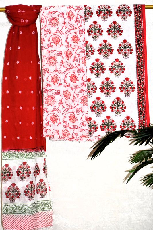 Red Floral Buti Hand Block Printed Cotton  Suit with Bandej Malmal Dupatta