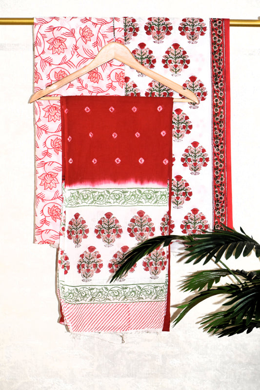 Red Floral Buti Hand Block Printed Cotton  Suit with Bandej Malmal Dupatta