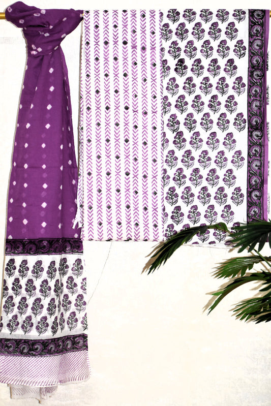 Purple Floral Small Buti  Hand Block Printed Cotton  Suit with Bandej Malmal Dupatta