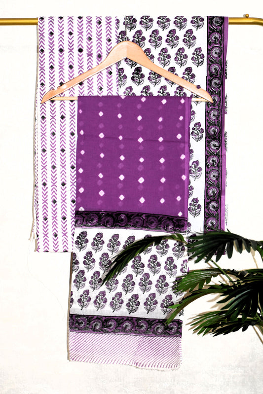 Purple Floral Small Buti  Hand Block Printed Cotton  Suit with Bandej Malmal Dupatta