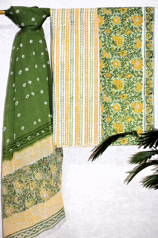 Yellow-green All-over Floral Hand Block Printed Cotton Suit with Bandej Malmal Dupatta