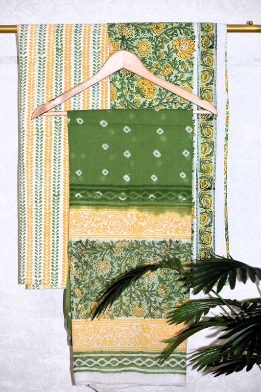 Yellow-green All-over Floral Hand Block Printed Cotton Suit with Bandej Malmal Dupatta