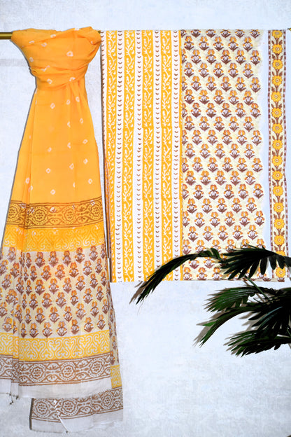 Yellow Small All-over Buti Hand Block Printed Cotton Suit with Bandej Malmal Dupatta