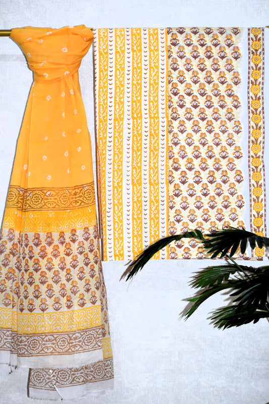 Yellow Small All-over Buti Hand Block Printed Cotton Suit with Bandej Malmal Dupatta