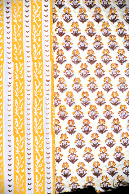 Yellow Small All-over Buti Hand Block Printed Cotton Suit with Bandej Malmal Dupatta