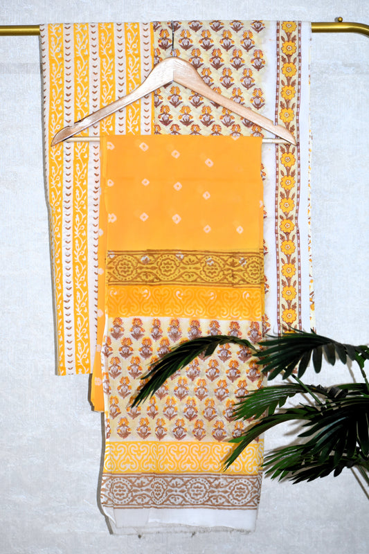 Yellow Small All-over Buti Hand Block Printed Cotton Suit with Bandej Malmal Dupatta