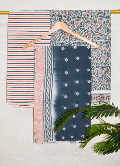 Blue-grey Floral Hand Block All-over Printed Cotton Suit with Bandej Malmal Dupatta
