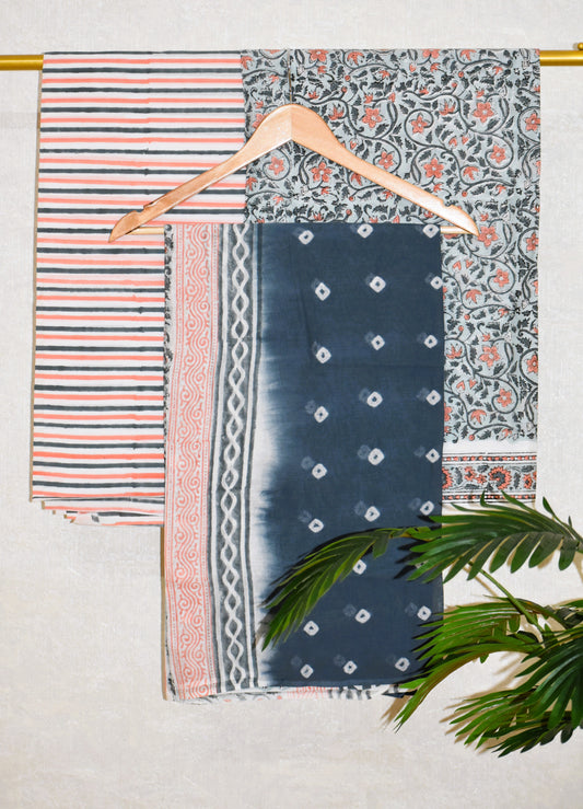 Orange Floral  Hand Block All-over Printed Cotton Suit with Bandej Malmal Dupatta