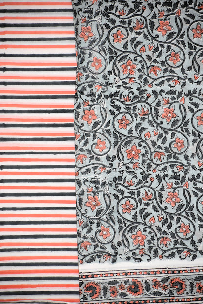 Blue-grey Floral Hand Block All-over Printed Cotton Suit with Bandej Malmal Dupatta