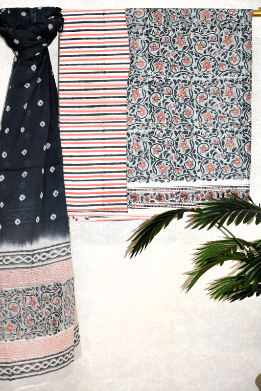 Orange Floral  Hand Block All-over Printed Cotton Suit with Bandej Malmal Dupatta
