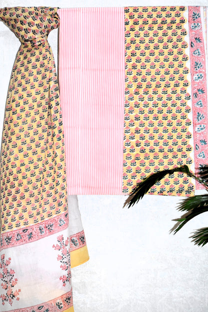 Sunlight Yellow Hand Block Printed Cotton Suit with Malmal Dupatta