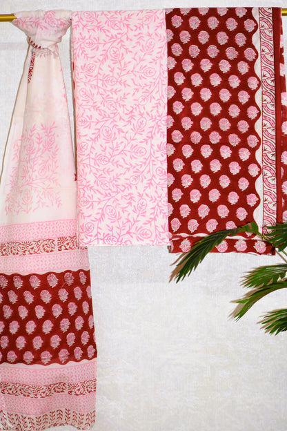 Hand Block Printed Cotton Suit with All-over Buti and Malmal Dupatta