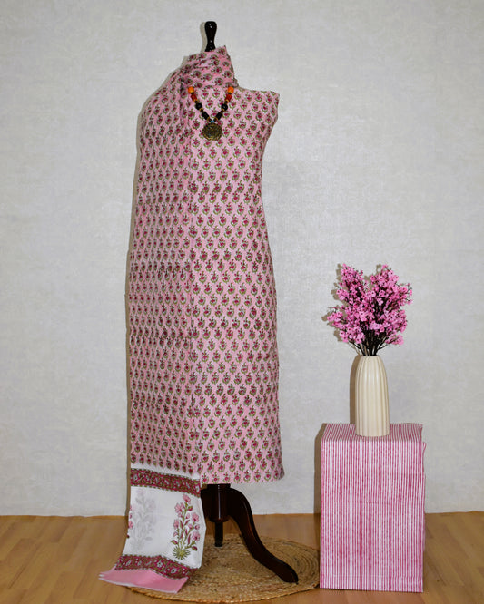 Hand Block Printed Cotton Suit with All-over Buti and Malmal Dupatta