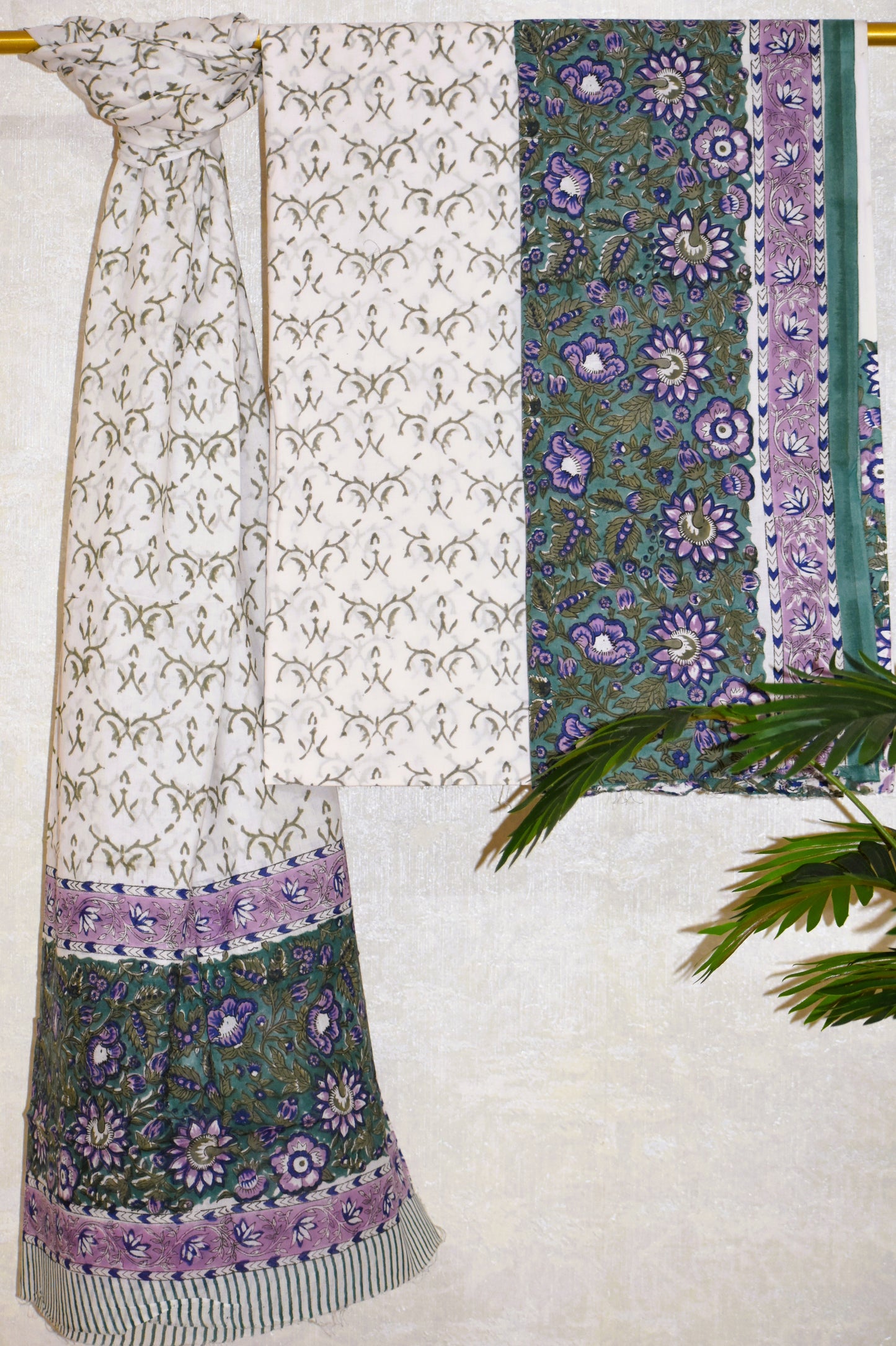 Hand Block Printed Cotton Suit with All-over Lavender Jaal design and Malmal Dupatta