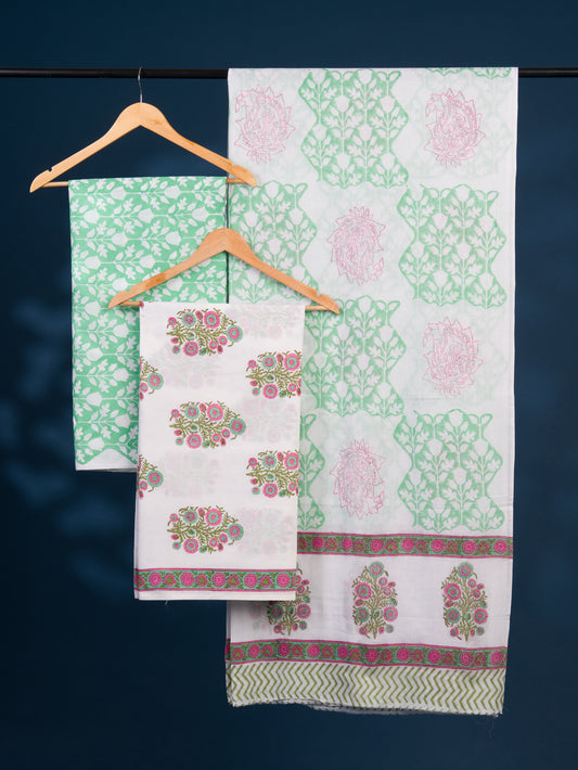 Hand Block Printed Cotton Suit with Mint Green Big Buti and Malmal Dupatta