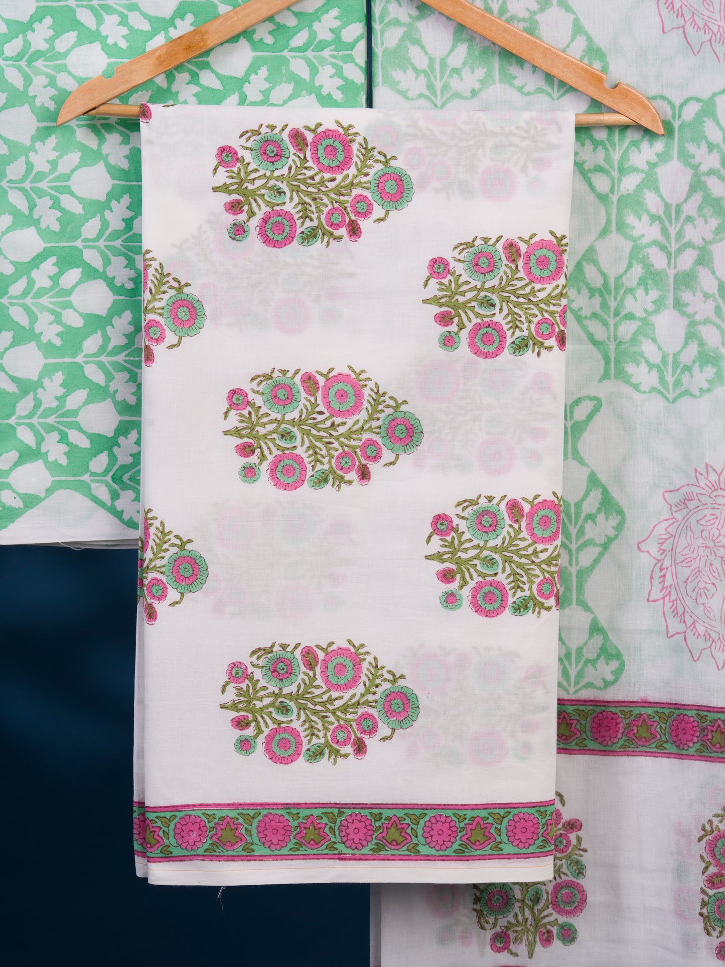 Hand Block Printed Cotton Suit with Mint Green Big Buti and Malmal Dupatta