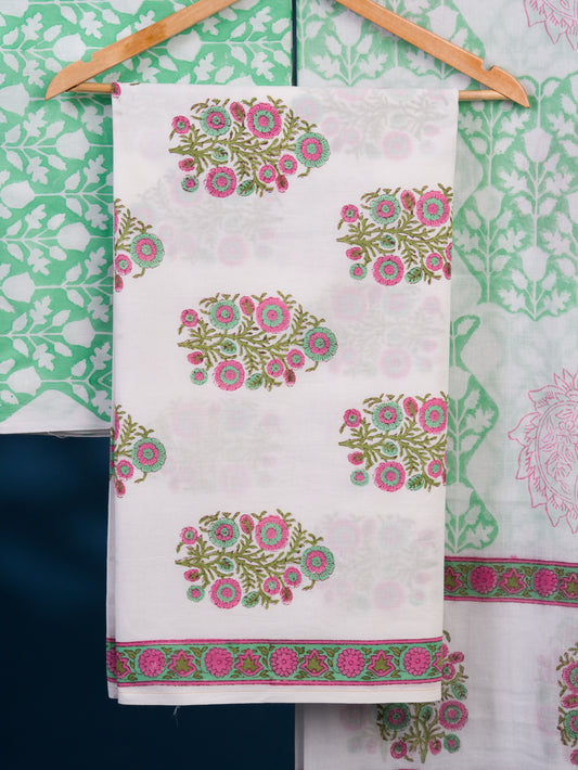 Hand Block Printed Cotton Suit with Mint Green Big Buti and Malmal Dupatta