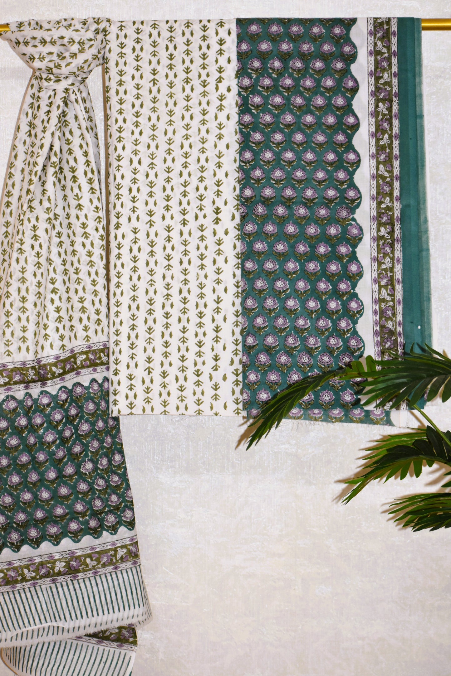 Hand Block Printed Cotton Suit with All-over Floral Buti and Malmal Dupatta