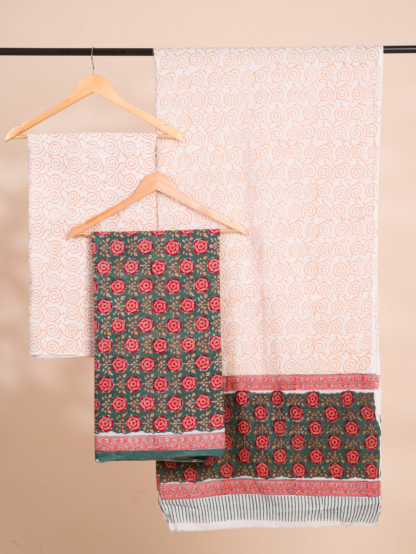 Hand Block Printed Cotton Suit with Green All-over Floral Buti and Malmal Dupatta