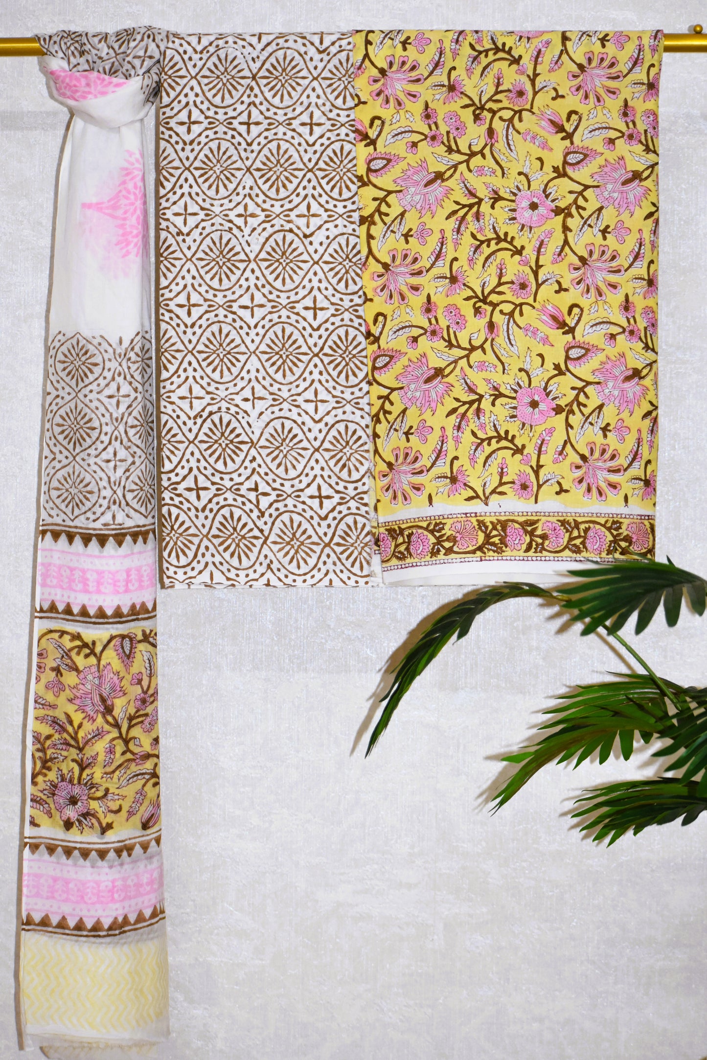 Hand Block Printed Cotton Suit with Sunlight yellow Floral Jaal and Malmal Dupatta