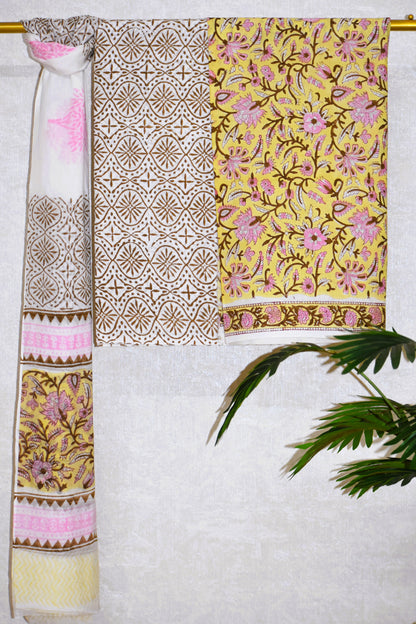 Hand Block Printed Cotton Suit with Sunlight yellow Floral Jaal and Malmal Dupatta