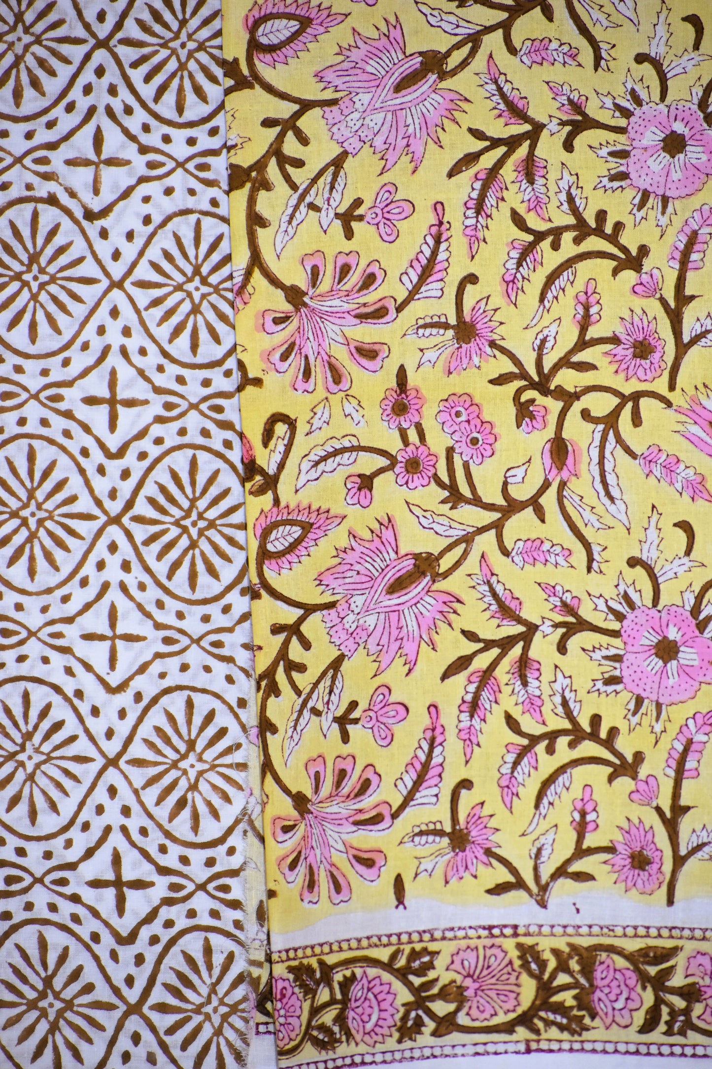 Hand Block Printed Cotton Suit with Sunlight yellow Floral Jaal and Malmal Dupatta