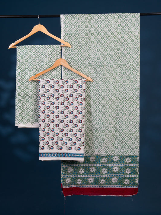 Hand Block Printed Cotton Suit with All-over Floral Buti and Malmal Dupatta