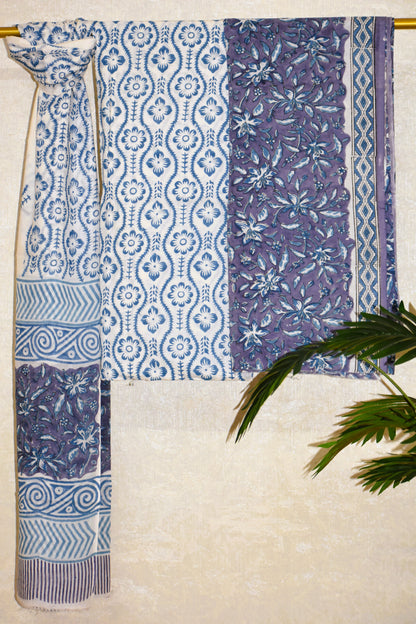 Petal Purple Hand Block Printed Cotton Suit with Malmal Dupatta