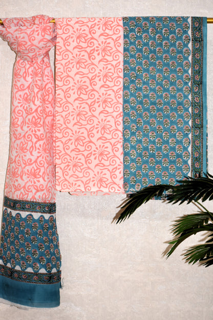 Hand Block Printed Cotton Suit with All-over Floral Buti and Malmal Dupatta