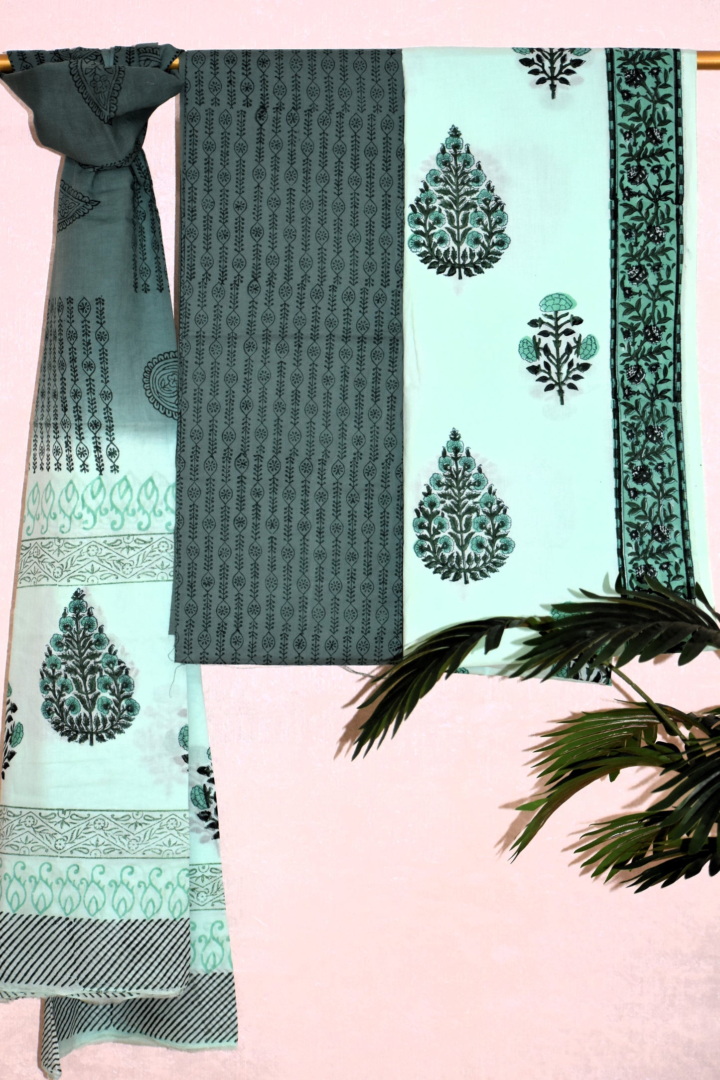 Hand Block Printed Cotton Suit with Mint Green Floral Buti and Malmal Dupatta