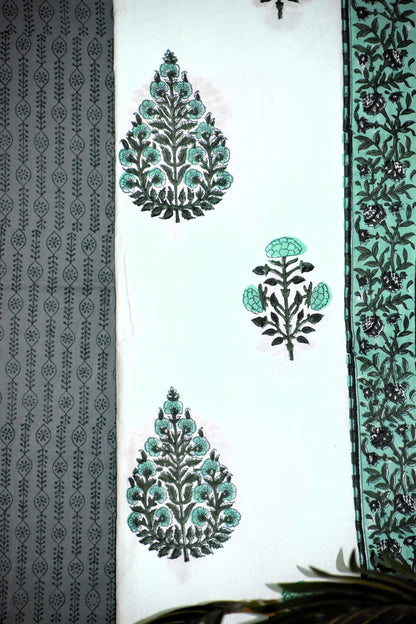 Hand Block Printed Cotton Suit with Mint Green Floral Buti and Malmal Dupatta