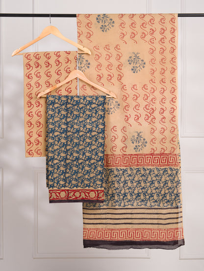 Kalamkaari Hand Block Printed Cotton Suit and Malmal Dupatta