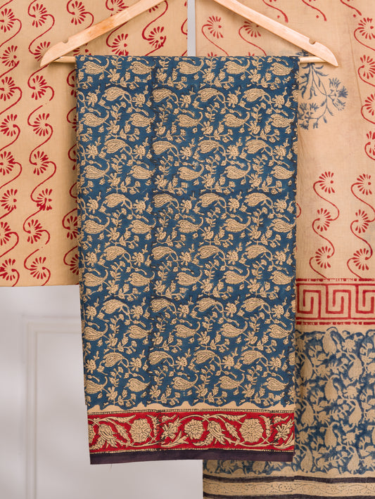 Kalamkaari Hand Block Printed Cotton Suit and Malmal Dupatta