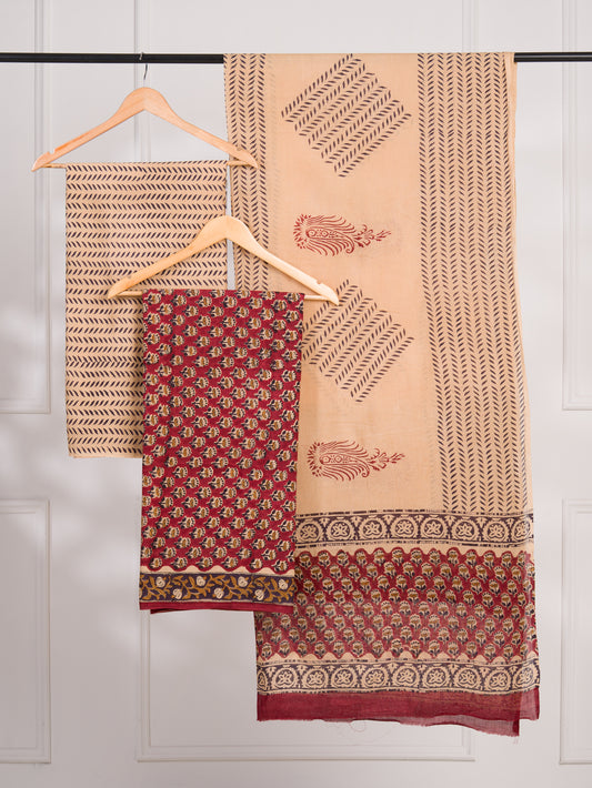 Kalamkaari Hand Block Printed Cotton Suit and Malmal Dupatta