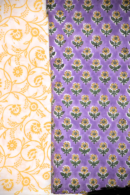 Lilac Small Floral Buti Hand Block Printed Cotton Suit With Malmal Dupatta