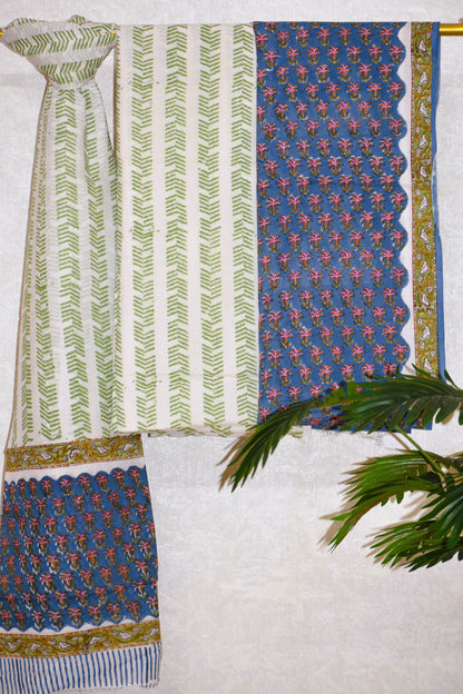 Small Floral Buti Hand Block Printed Cotton Suit With Malmal Dupatta