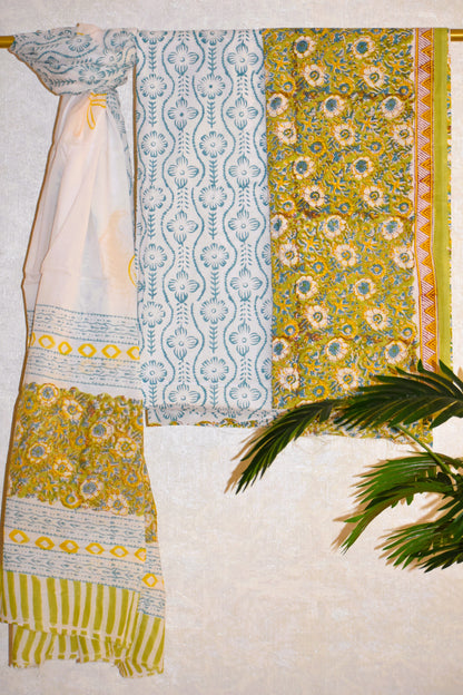 All-over Hand Block Printed Cotton Suit With Malmal Dupatta