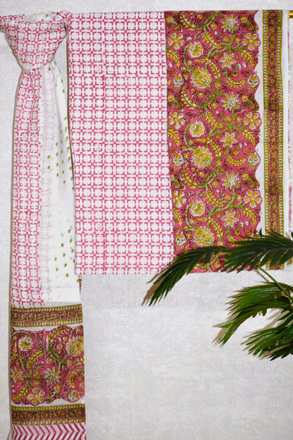 Dusky Pink All-over Hand Block Printed Cotton Suit With Malmal Dupatta