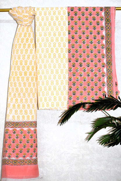 Small Floral Buti Hand Block Printed Cotton Suit With Malmal Dupatta