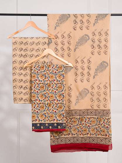 Kalamkaari Hand Block Printed Cotton Suit and Malmal Dupatta