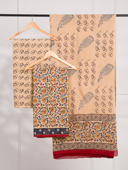 Kalamkaari Hand Block Printed Cotton Suit and Malmal Dupatta