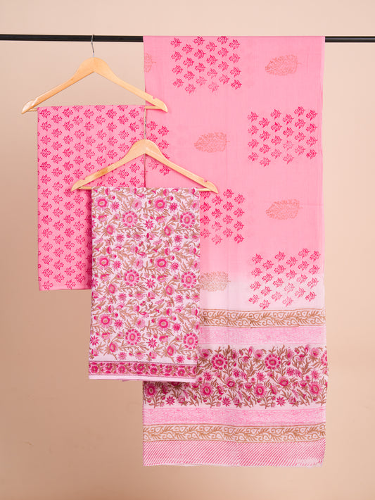 Pink Floral Hand Block Printed Cotton Suit With Malmal Dupatta