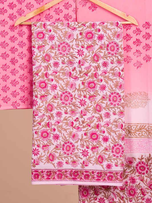 Pink Floral Hand Block Printed Cotton Suit With Malmal Dupatta