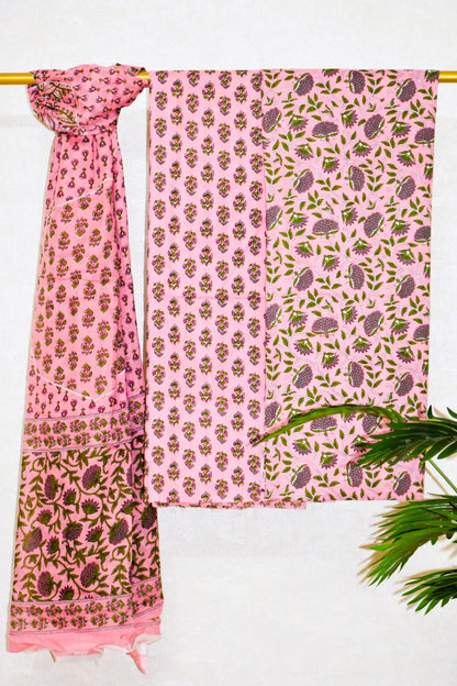 Pink Floral Jaipuri Printed Unstitched Cotton Suit Set