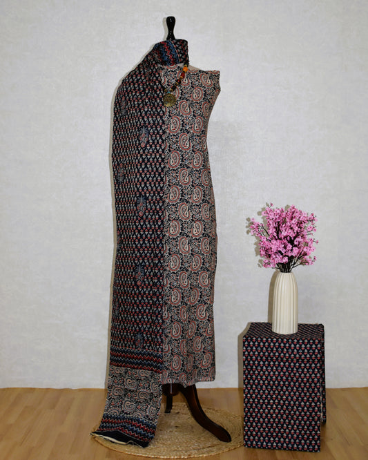 Blue Paisley Ajrak Printed Unstitched Cotton Suit Set