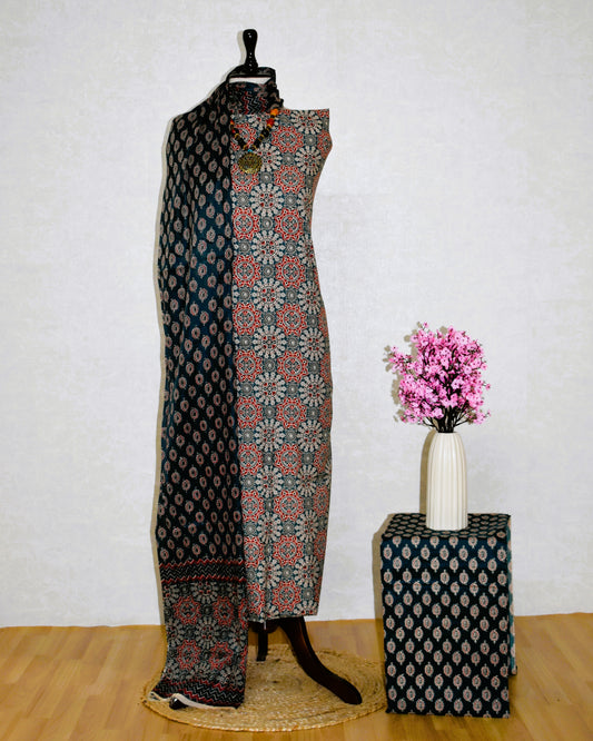 Green Surajmukhi Ajrak Printed Unstitched Cotton Suit Set
