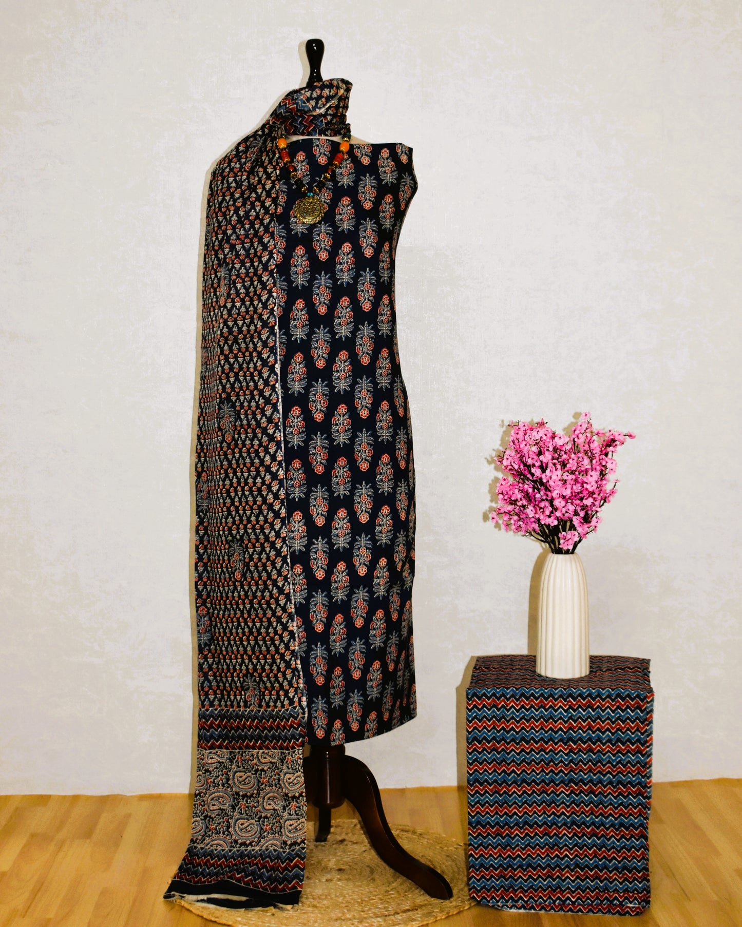 Blue Floral Ajrak Printed Unstitched Cotton Suit Set