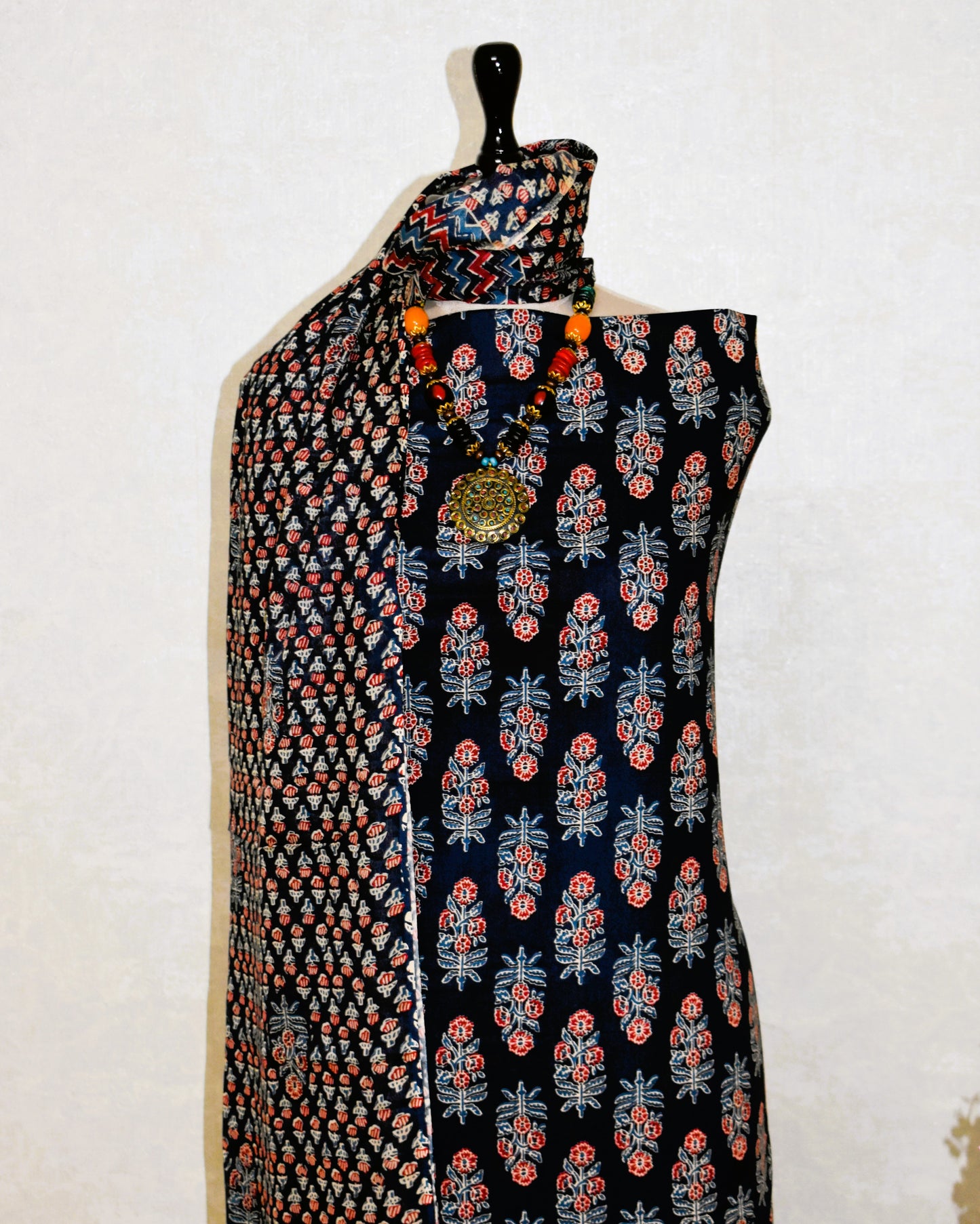 Blue Floral Ajrak Printed Unstitched Cotton Suit Set