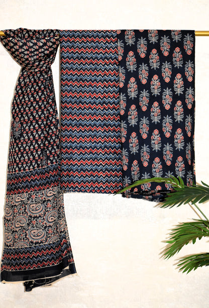 Blue Floral Ajrak Printed Unstitched Cotton Suit Set