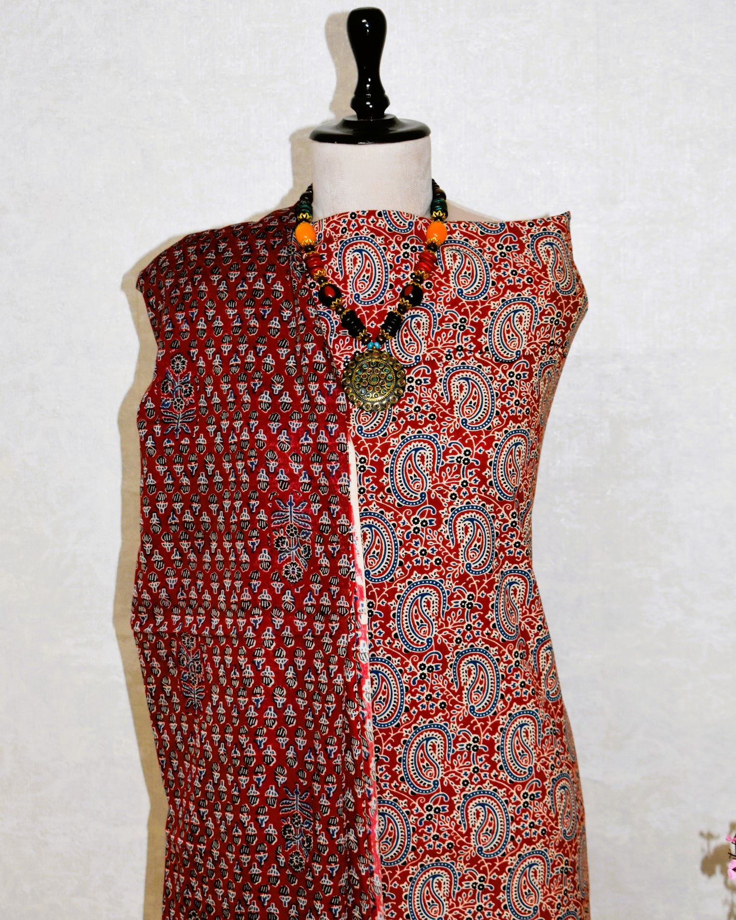 Red Paisley Ajrak Printed Unstitched Cotton Suit Set